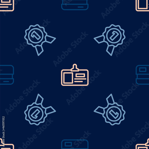 Set line Credit card, Medal and Identification badge on seamless pattern. Vector