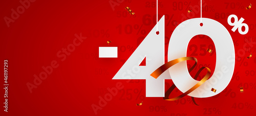 40 percent Off. Discount creative composition. Mega sale symbol with decorative objects. Sale banner and poster.