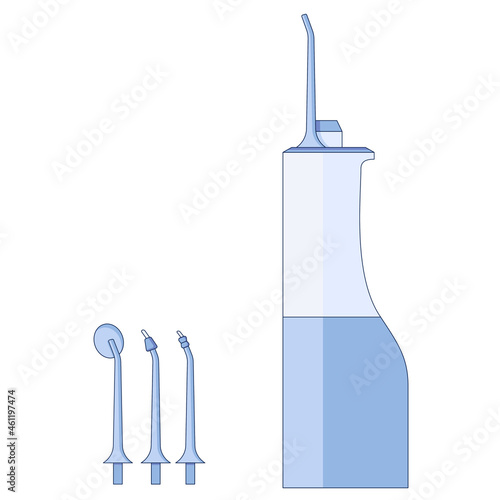 Oral water irrigator with nozzles, mouth hygiene and dental care icon set in a flat style isolated on a white background. Vector illustration