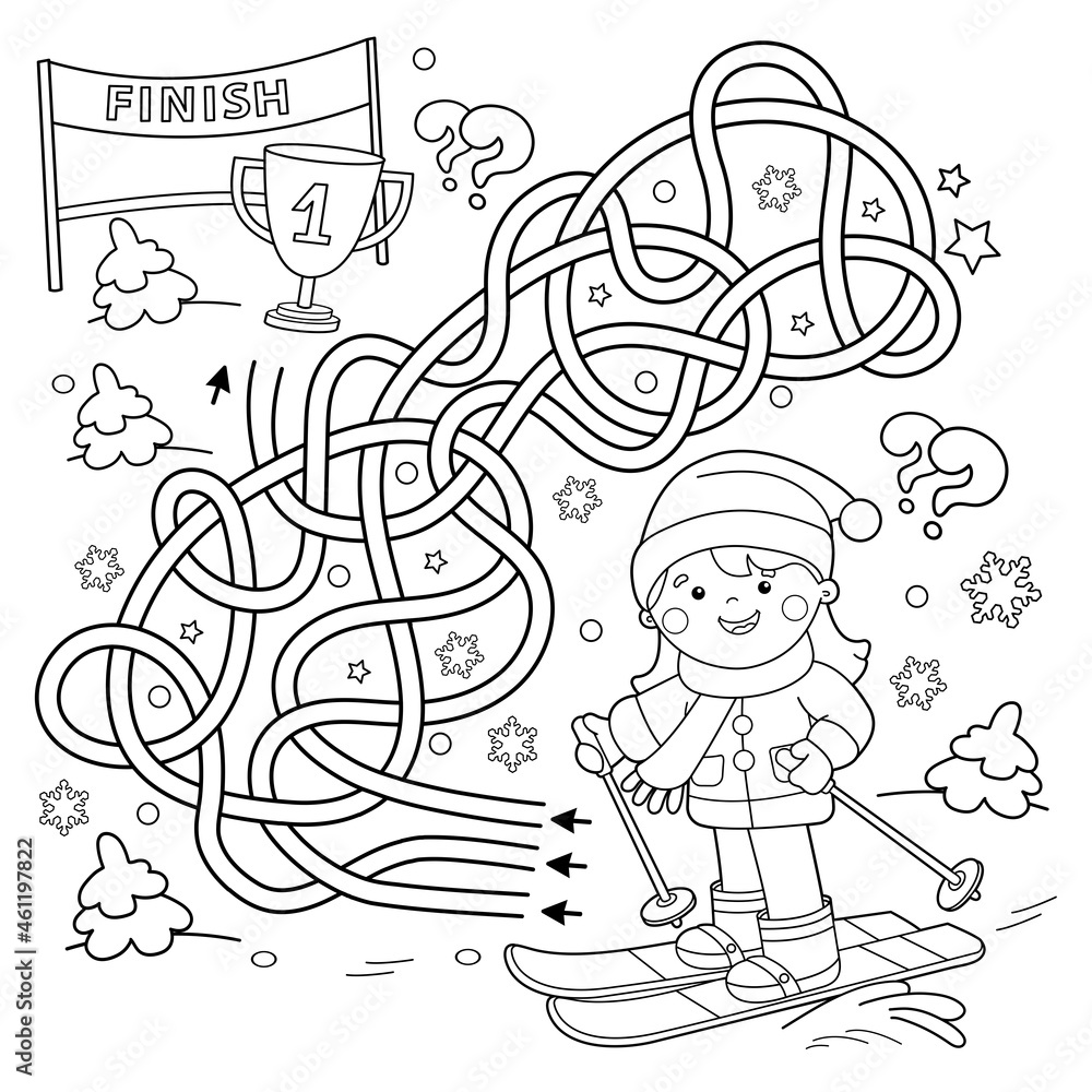 Maze or Labyrinth Game. Puzzle. Tangled Road. Coloring Page Outline Of cartoon girl skiing. Winter sports. Coloring book for kids.