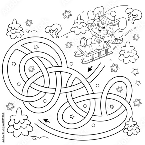 Maze or Labyrinth Game. Puzzle. Tangled Road. Coloring Page Outline Of Cartoon happy Bunny sledding. Winter activity. Coloring book for kids.