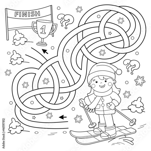 Maze or Labyrinth Game. Puzzle. Tangled Road. Coloring Page Outline Of cartoon girl skiing. Winter sports. Coloring book for kids.