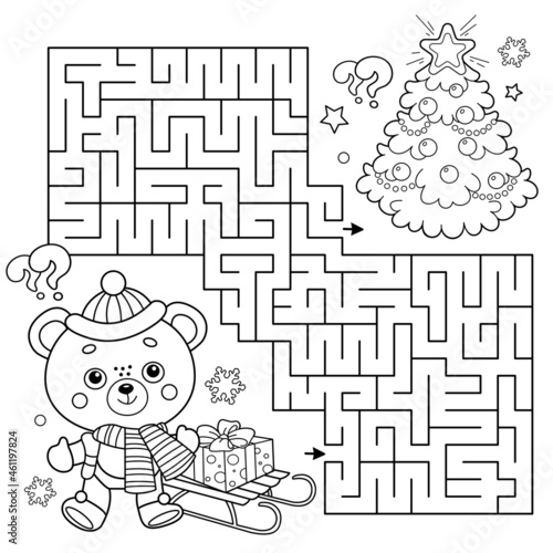 Maze or Labyrinth Game. Puzzle. Coloring Page Outline Of little bear with Christmas tree. New year. Christmas. Coloring book for kids.