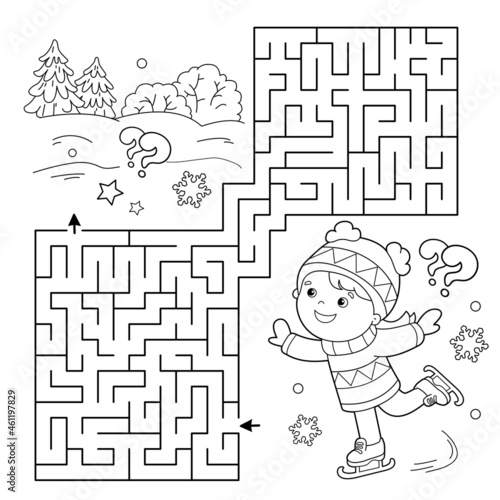 Maze or Labyrinth Game. Puzzle. Coloring Page Outline Of cartoon girl skating. Winter sports. Coloring book for kids.