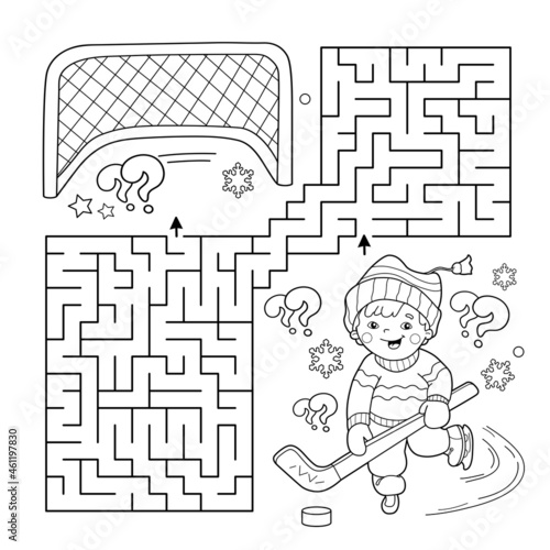 Maze or Labyrinth Game. Puzzle. Coloring Page Outline Of cartoon boy playing hockey. Winter sports. Coloring book for kids.