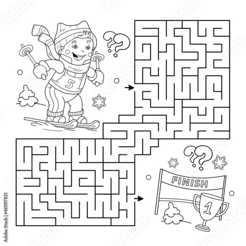 Maze or Labyrinth Game. Puzzle. Coloring Page Outline Of cartoon boy skiing. Winter sports. Coloring book for kids.