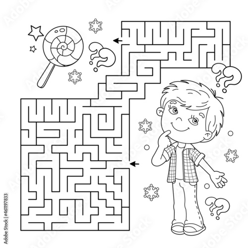 Maze or Labyrinth Game. Puzzle. Coloring Page Outline Of little boy with sweets. New year. Christmas. Coloring book for kids.