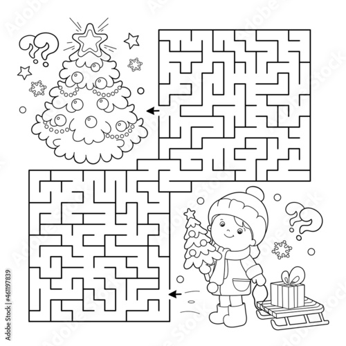 Maze or Labyrinth Game. Puzzle. Coloring Page Outline Of children with gifts at Christmas tree. Christmas. New year. Coloring book for kids.