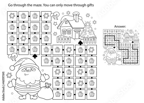 Maze or Labyrinth Game. Puzzle. Coloring Page Outline Of Santa Claus with gifts bag and Christmas tree. New year. Christmas. Coloring book for kids.