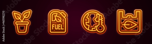 Set line Plant in pot, Bio fuel canister, Earth melting to global warming and Shopping bag with recycle. Glowing neon icon. Vector