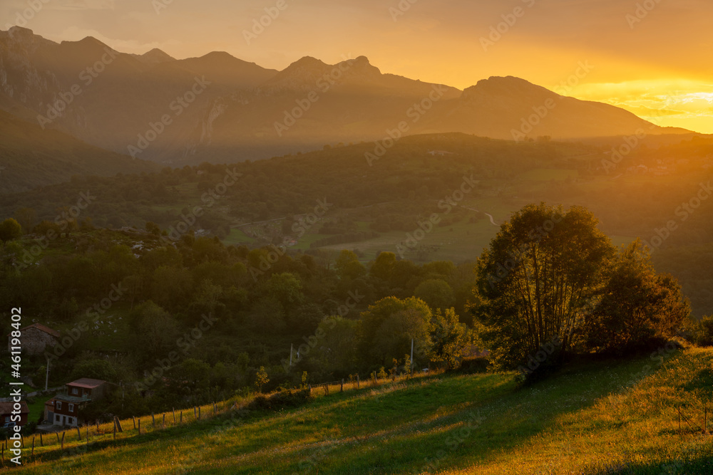 Mountain landscape in the Picos de Europa National Park in a beautiful sunset