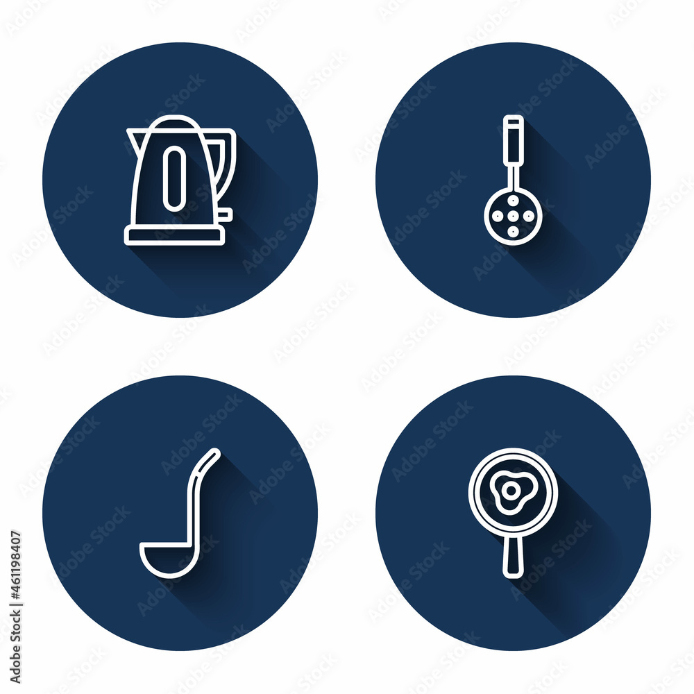 Set line Electric kettle, Spatula, Kitchen ladle and Fried eggs on frying pan with long shadow. Blue circle button. Vector Set line Electric kettle, Spatula, Kitchen ladle and Fried eggs on frying pan with long shadow. Blue circle button. Vector