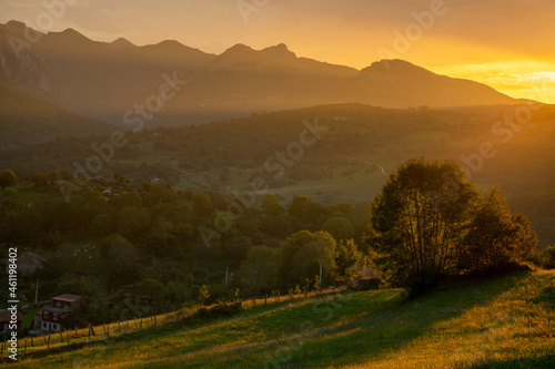 Mountain landscape in the Picos de Europa National Park in a beautiful sunset