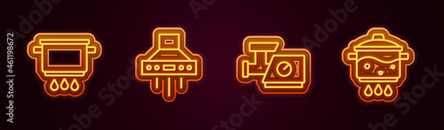 Set line Cooking pot on fire, Kitchen extractor fan, meat grinder and . Glowing neon icon. Vector