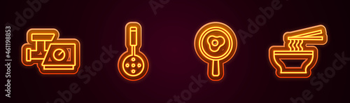 Set line Kitchen meat grinder, Spatula, Fried eggs on frying pan and Asian noodles bowl. Glowing neon icon. Vector