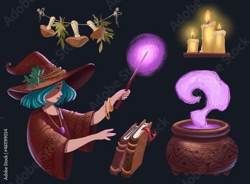 Magic Halloween set with witch, pot, mushrooms, magic wand, books, candles on dark background