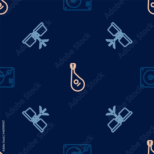 Set line Vinyl player with vinyl disk, Bongo drum and Bandura on seamless pattern. Vector