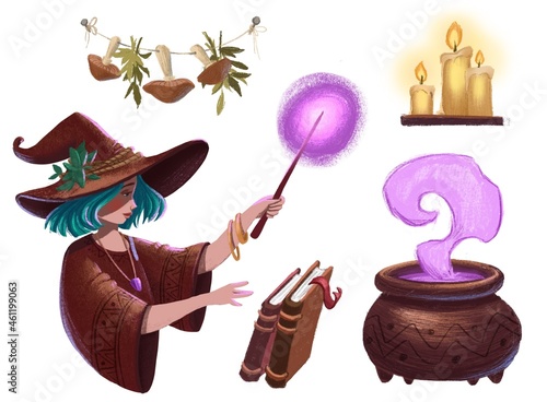 Magic Halloween set with witch, pot, mushrooms, magic wand, books, candles on white background