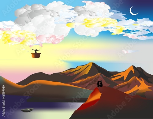  composition with a balloon flying over the mountains and people sitting on the slope, 