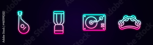 Set line Bandura, African djembe drum, Vinyl player with vinyl disk and Tambourine. Glowing neon icon. Vector