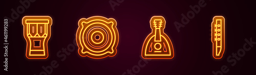 Set line African percussion drum, Stereo speaker, Balalaika and Flute. Glowing neon icon. Vector