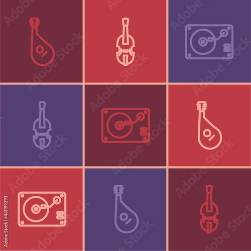 Set line Bandura, Vinyl player with vinyl disk and Violin icon. Vector