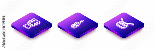 Set Isometric line Guitar neck, Violin and Drum with drum sticks icon. Vector