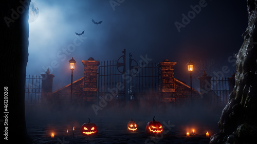 Halloween Illustration with Ghostly Graveyard Gate and Jack O' Lanterns. photo