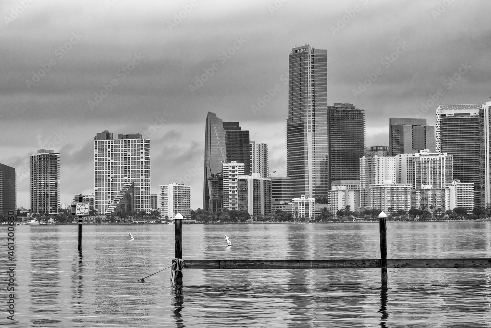 Miami skyline with buildings reflections on the Biscayne Bay.