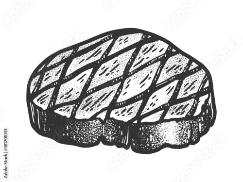 barbecued steak sketch engraving vector illustration. T-shirt apparel print design. Scratch board imitation. Black and white hand drawn image.