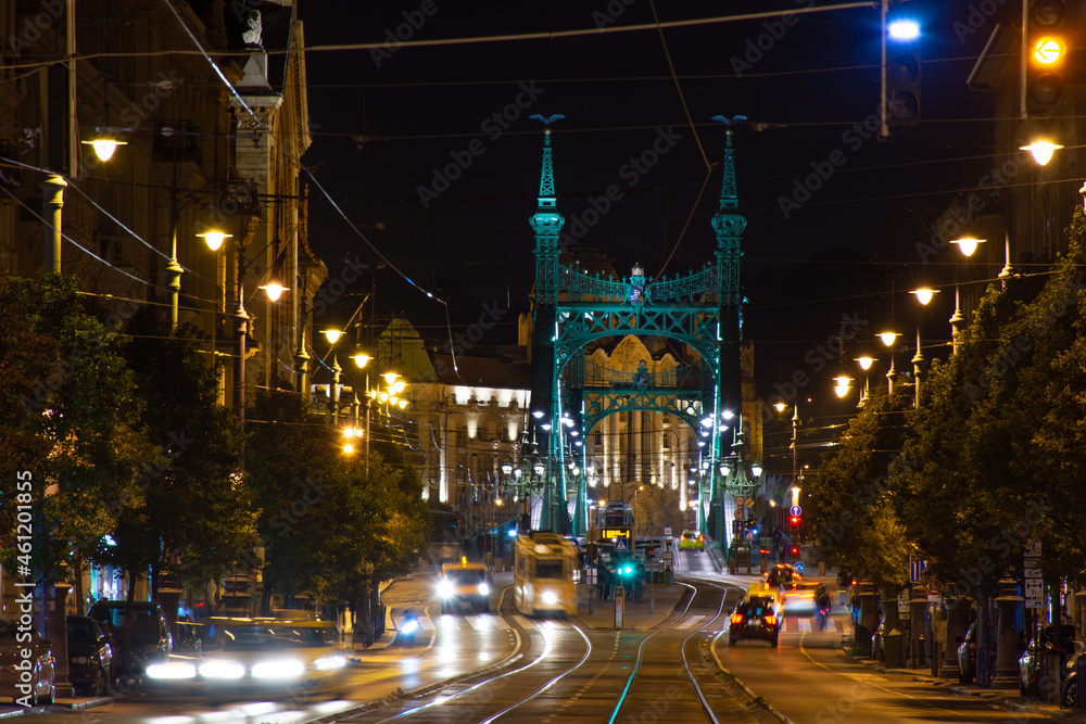 Budapest at night, tram stop in front of the Freedom Bridge