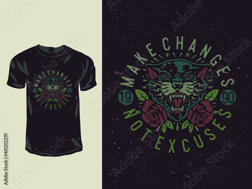 The beast panther and roses with a tattoo style t-shirt design