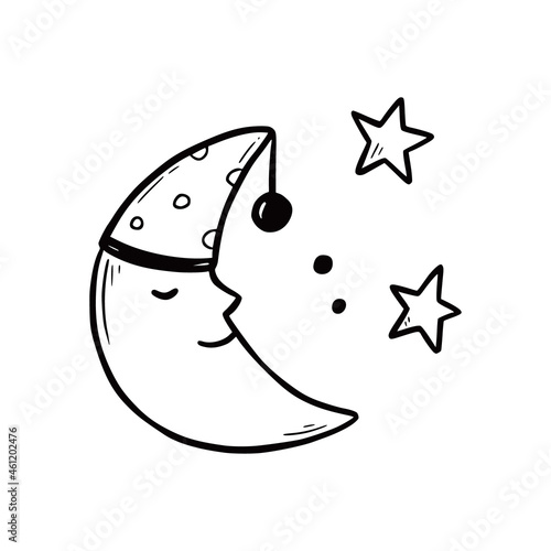 Hand drawn cute sleep moon with smile face. Doodle sketch style. Drawing line simple moon, star icon. Isolated vector illustration.