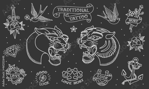 Traditional tattoo icons and objects set of swallow, anchor, heart, rose. Old school tattoo icons elements collection in line style design