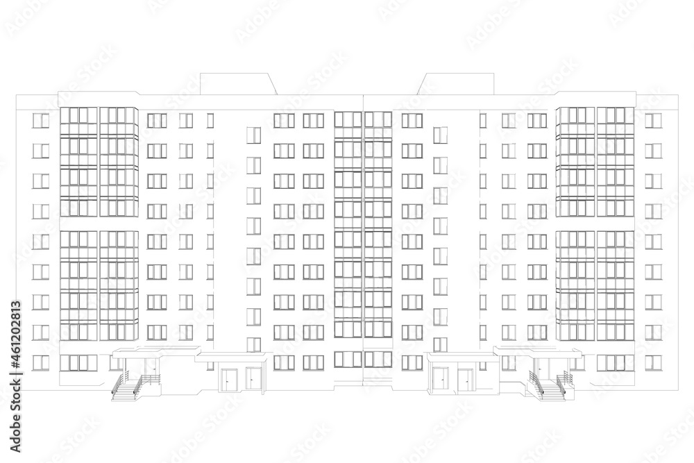 Contour of a nine-storey house from black lines isolated on a white background. Vector illustration