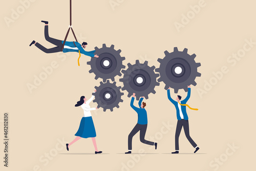 Collaboration or cooperate for team success, working together as teamwork to solve problem and achieve target concept, businessman and businesswoman team up to help connect gear or cogwheels together. photo