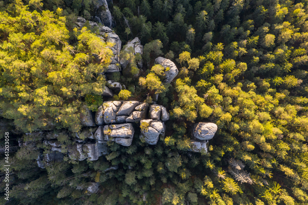 Adrspach rocks at sunset. Aerial top down view of trail path in rock ...