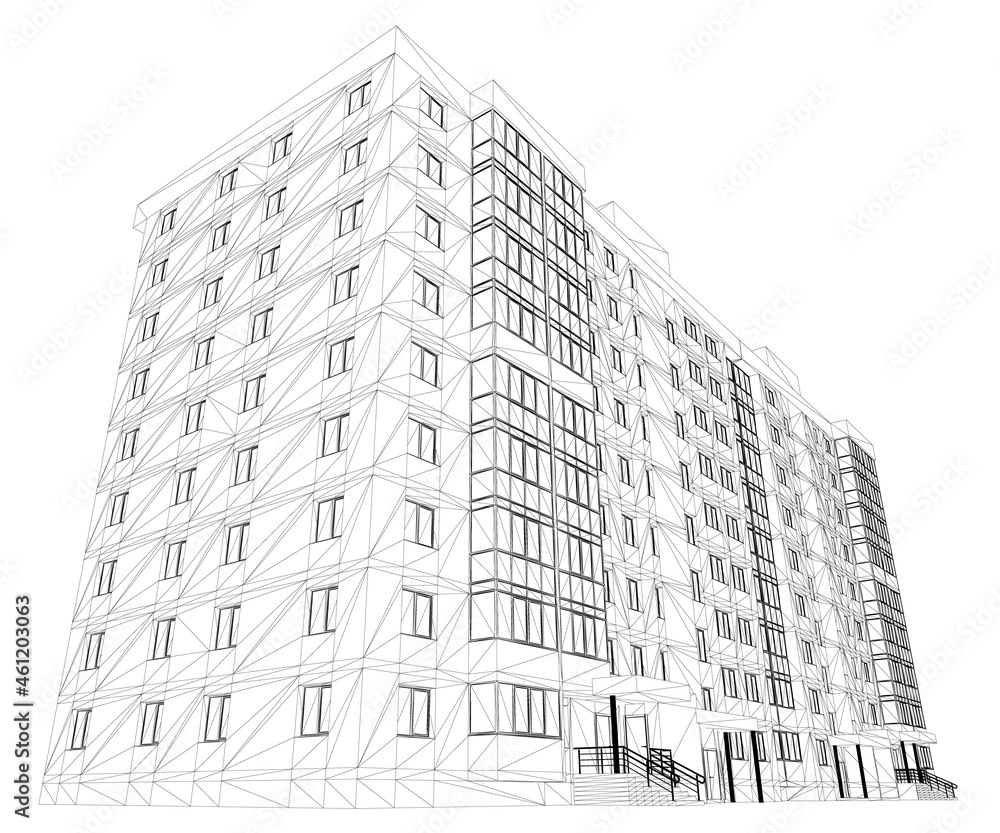 Wireframe of a nine-storey house from black lines, isolated on a white background. Bottom view. 3D. Vector illustration Wireframe of a nine-storey house from black lines, isolated on a white background. Bottom view. 3D. Vector illustration