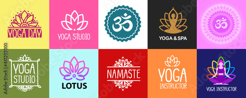 Yoga studio Beauty and Spa label and icon design collection. Yoga lotus pose vector logo design template. Beauty, Spa, Massage, Meditation icon