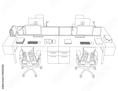Contour of workplaces with computers and armchairs from black lines isolated on white background. Front view. Vector illustration