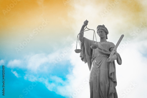 Close-up view of the Lady Justice statue above the entrance to the former Crown Court House in Wakefield, England. Crown Court House was built in 1810 and designed by Charles Watson (1771-1836).
