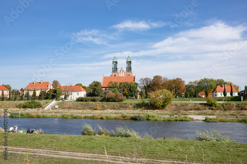 Cathedral and other landmarks on the island Ostrow Tumski between the Cybina and Warta river. Cityscape.