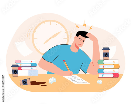 Stressed millennial guy studying before college exams. Distressed student meeting deadline doing assignment preparing for test at home with books. Flat vector illustration.
