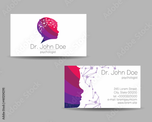 Psychology Vector Business Card Kid Human Head Modern logo Creative style. Child Profile Silhouette Design concept. Brand company. Vsiting personal set of visit cards