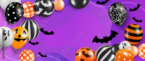 Halloween background vector. Halloween sale and promotion banner design with 3D Ghost and scary air balloons, bat, candy, spider. Website and trick or treat poster background template. Vector EPS10
