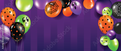 Halloween background vector. Halloween sale and promotion banner design with 3D Ghost and scary air balloons, bat, candy, spider. Website and trick or treat poster background template. Vector EPS10