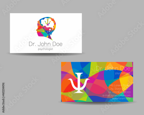 Psychology Vector Business Visit Card with Letter Psi Psy and Human Head in Profile. Modern logo Creative Colorful Rainbow style. Child Silhouette Design concept for Branding Identity
