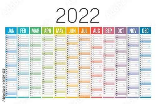 Year 2022 colorful calendar on white background. Vector template.