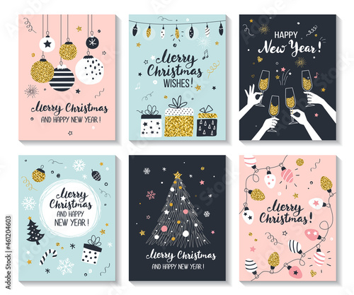 Merry Christmas and Happy New Year greeting card set, party invitation templates, vector illustration, hand drawn style.