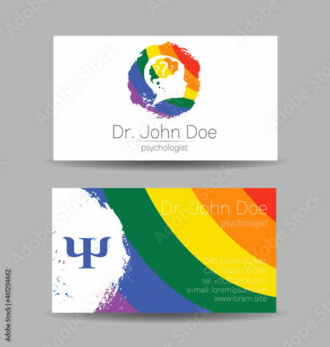 Psychology Vector Business Visit Card with Letter Psi Psy and Human Head in Profile. Modern logo Creative Colorful Rainbow style. Child Silhouette Design concept for Branding Identity